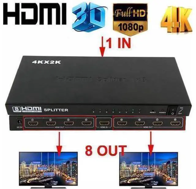 Main image of 1x8 HDMI Splitter 4K 1 in 8 Out HDMI Splitter Switch Audio Video Selector Boxes Support 4K x 2K@30Hz 1080P Full HD 3D