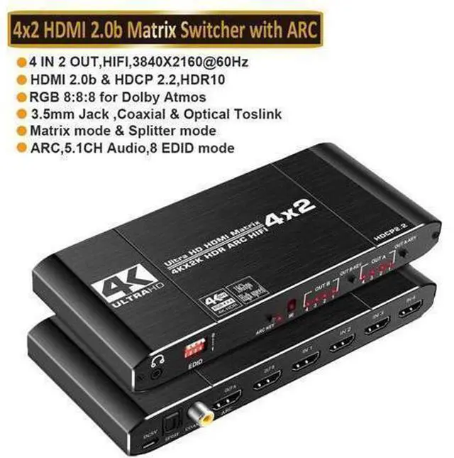 Main image of HDMI Matrix 4x2, 4K HDMI Matrix Switch, 1080P 3D, Dolby TrueHD, DTS-HD Master, PCM7.1, Coaxial, 3.5mm Stereo Audio, EDID, IR Remote