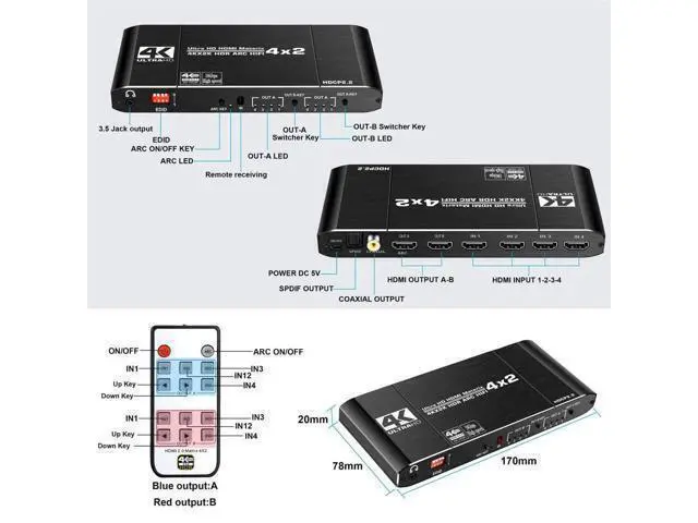 Alt view image 3 of 7 - HDMI Matrix Switch 4x2 4K@60Hz 4:4:4 HDR ARC/SPDIF 5.1CH, Coaxial, 3.5mm Stereo Audio, HDCP 2.2 18Gbps, Matrix Splitter 4 in 2 Out with EDID Extractor and Remote Control