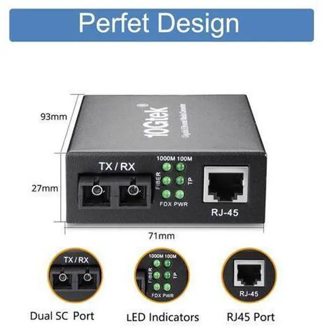 Alt view image 4 of 7 - Gigabit SC to RJ45 Fiber Media Converter, Multimode Fiber to Ethernet Converter, 10/100/1000Mbps RJ45 Port to 1000Mbps Multi-Mode Fiber Dual SC Port, MMF, 1310nm, up to 1.5km, Auto-Negotiation