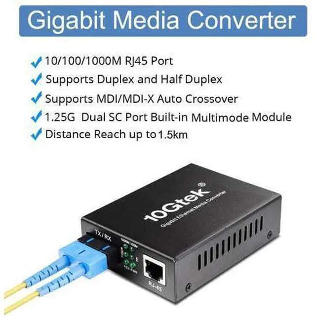 Alt view image 2 of 7 - Gigabit SC to RJ45 Fiber Media Converter, Multimode Fiber to Ethernet Converter, 10/100/1000Mbps RJ45 Port to 1000Mbps Multi-Mode Fiber Dual SC Port, MMF, 1310nm, up to 1.5km, Auto-Negotiation