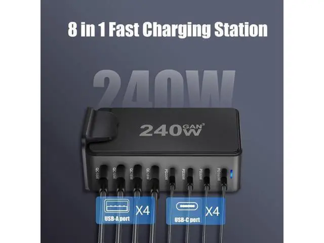 Alt view image 2 of 7 - 240W GaN USB C Quick Charge QC3.0 PD 3.0 TypeC 8 Port Supercharge Plug For iPad iPhone Samsung Xiaomi Universal Fast Charger - Black
