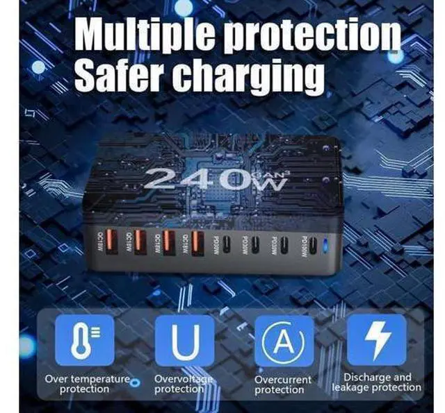 Alt view image 4 of 7 - 240W GaN USB C Quick Charge QC3.0 PD 3.0 TypeC 8 Port Supercharge Plug For iPad iPhone Samsung Xiaomi Universal Fast Charger - Black