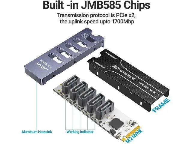 Alt view image 2 of 6 - NVMe M.2 to Sata Adapter with Heatsink, Internal 5 Port Non-RAID SATA III 6GB/s M.2 NVMe Adapter Card for NAS Server Desktop PC Support SSD and HDD