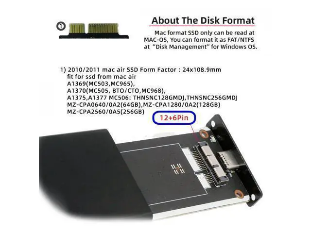 Alt view image 6 of 7 - 6+12Pin MAC SSD to USB 3.0 Type-C 5Gbps Mobile HDD Case Enclosure Adapter for 2010 2011 MAC Air Pro A1369 A1370 SSD