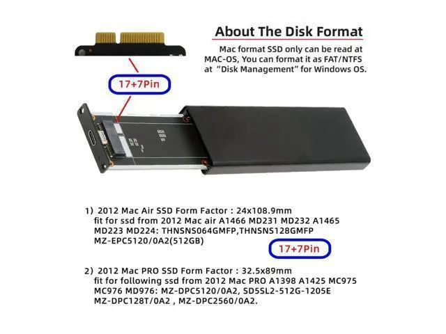 Alt view image 6 of 7 - 7+17Pin MAC SSD to USB 3.0 Type-C 5Gbps Mobile HDD Case Enclosure Adapter for 2012 MAC Air Pro A1465 A1466 Retina SSD