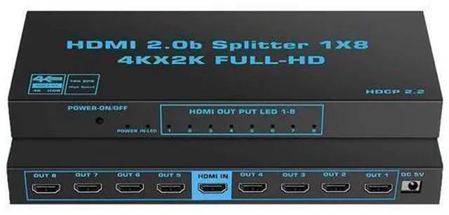 Main image of 4K 60Hz HDMI Splitter 1 in 8 Out HDMI2.0 8 Port Splitter with US Adapter for Computer MacBook Xbox 360 Xbox One PS5/4 Blu-Ray DVD (1in 8out)