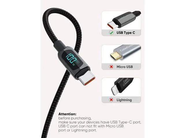 Alt view image 6 of 7 - 6.6FT USB C to USB C Cable 2-Pack PD 100W with LED Display, Durable USB C Cable Braided with Display for iPad Air, Pro, MacBook Pro, Galaxy S23 Pixel Steam Deck PS5 2m Black
