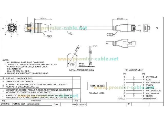 Alt view image 7 of 7 - M12 8Pin A Code Female to RJ45 Male Cable Bulkhead Panel Mount 1Gbps CAT6A Industrial Ethernet Cable IP67 Shielded for Profinet, EtherCAT, PLC, Robotics, GigE Vision Cameras(0.3m)