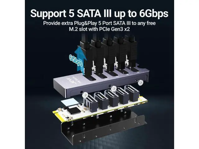 Alt view image 4 of 6 - NVMe M.2 to Sata Adapter with Heatsink, Internal 5 Port Non-RAID SATA III 6GB/s M.2 NVMe Adapter Card for NAS Server Desktop PC Support SSD and HDD