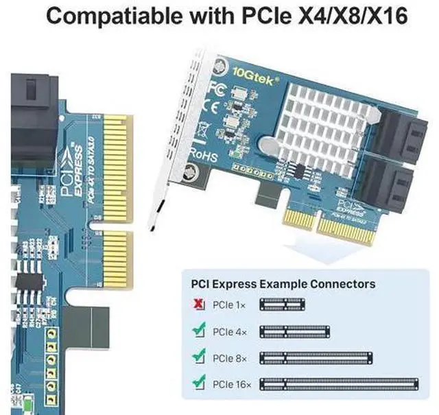 Alt view image 2 of 6 - H!Fiber 4 Port PCIe SATA Card with 4 SATA Cables, 6Gbps SATA3.0 Expansion Card, X4, ASMedia ASM1164 chip, Support SSD and HDD, with Full Height and Low Profile Bracket