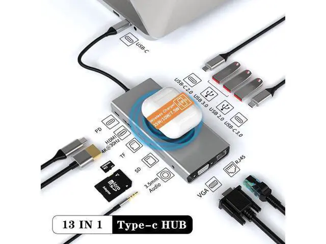 Main image of USB C Hub Multiport Adapter, 13 IN 1 USB-C Dongle to HDMI; VGA; SD/MicroSD Card Reader; RJ45 Ethernet;USB-C Data Port, USB3.0, PD; Audio Jack,Wireless Charging for Windows Type C Laptops