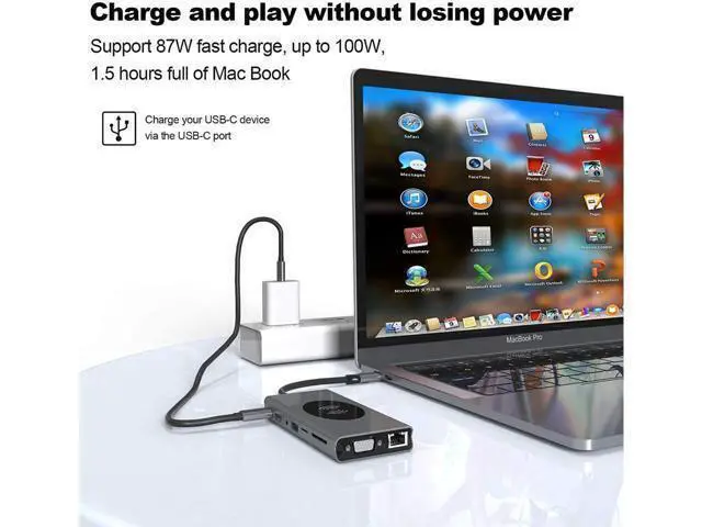 Alt view image 3 of 7 - USB C Docking Station Adapter, 15 in 1 Dual Display Multiport Dongle, Type C Hub with Wireless Charging,VGA,Gigablit, HDMI, 87W PD, 5 USB,3.5mm Audio and SD/TF Card Reader for
