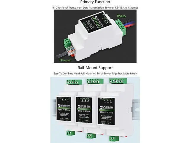Alt view image 3 of 7 - waveshare Ethernet Industrial Serial Server RS485 to RJ45 Ethernet Module, TCP/IP to Serial, Support Rail-Mount/Modbus Gateway, TCP Server/TCP Client/UDP Mode/UDP Multicast Multi Communication Modes