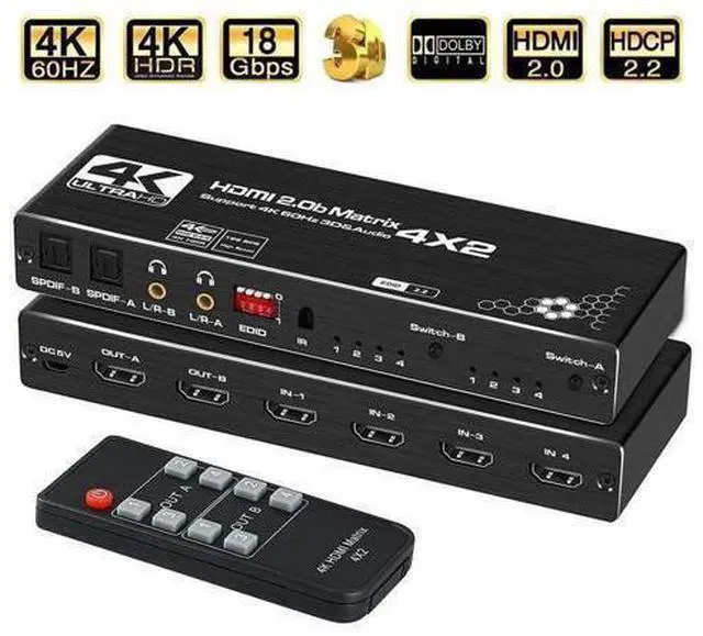 Main image of 4 in 2 Out HDMI Matrix 4K@60Hz 4x2 HDMI Matrix Switch with IR Remote Control, Support EDID, HDMI 2.0b, HDCP2.2, HDR10, Ultra HD, 3D