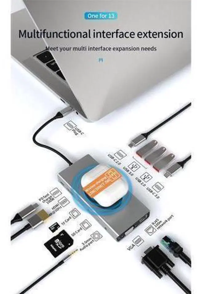 Main image of 13 IN 1 USB C Docking Station,Type C Hub Multiport Dongle with Wireless Charging,VGA,Ethernet, HDMI,USB-C Data Port, 100W PD, USB3.0 ,3.5mm Audio and SD/TF Card Reader for