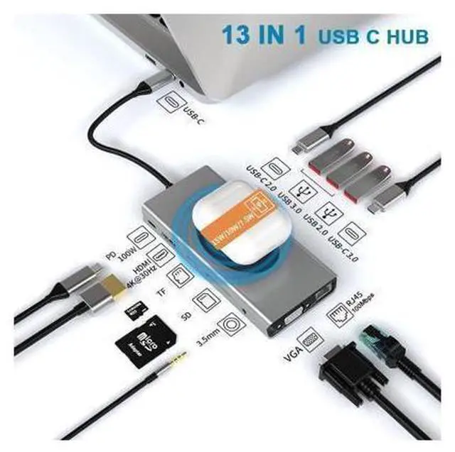 Main image of USB C Hub Multiport Adapter, 13-IN-1 USB-C Hub with 4K HDMI,RJ45 Ethernet,USB3.0 Port,USB-C Data Port,100W PD, SD/TF Card Reader ,3.5mm Audio Mac,Wireless Charging for MacBook Pro Air