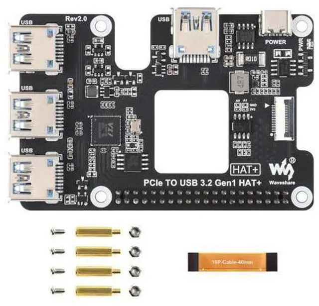 Main image of PCIe to USB 3.2 Gen1 HAT for Raspberry Pi 5, PCIe to USB HUB, 4X High Speed USB Ports, No Driver Required, Plug and Play, HAT + Standard