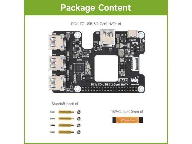 Alt view image 2 of 7 - PCIe to USB 3.2 Gen1 HAT for Raspberry Pi 5, PCIe to USB HUB, 4X High Speed USB Ports, No Driver Required, Plug and Play, HAT + Standard