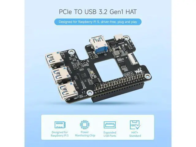 Alt view image 3 of 7 - PCIe to USB 3.2 Gen1 HAT for Raspberry Pi 5, PCIe to USB HUB, 4X High Speed USB Ports, No Driver Required, Plug and Play, HAT + Standard