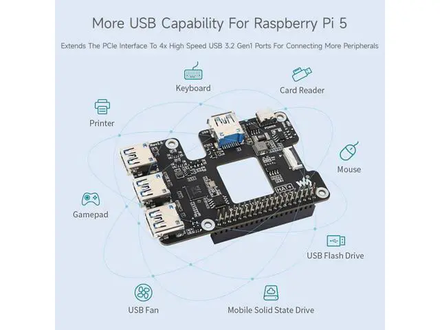Alt view image 5 of 7 - PCIe to USB 3.2 Gen1 HAT for Raspberry Pi 5, PCIe to USB HUB, 4X High Speed USB Ports, No Driver Required, Plug and Play, HAT + Standard