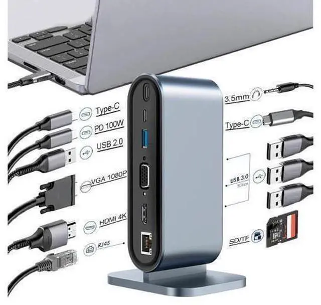 Main image of USB C Docking Station, Vertical 12 in 1 USB C to 4K HDMI Adapter, USB C Hub with HDMI, VGA, 100W PD, 4 USB3.0,RJ45 Ethernet, SD/TF, USB-C Data Multiport Adapter for MacBook Laptop Notebooks
