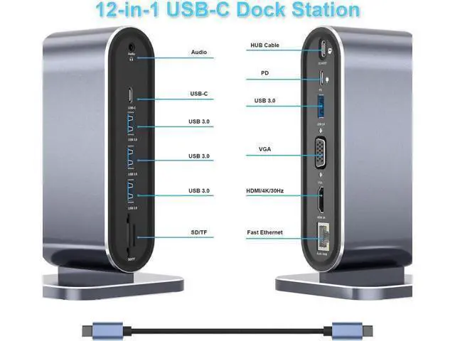 Alt view image 2 of 7 - Vertical USB-C Hub (12-in-1) with 4K HDMI&VGA Display, 4 x USB-A 5Gbps Data Ports and 100W PD, SD/TF, Ethernet, USB-C Data, SD/TF for MacBook Pro, MacBook Air, Laptops and More
