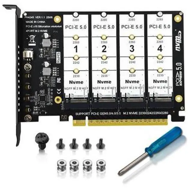 Main image of 4 Port M.2 NVME to PCle 5.0/4.0/3.0 X16 Adapter, NVME/AHCI SSD to PCIe Expansion Card Support 2230/2242/2260/2280MM