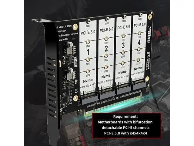 Alt view image 2 of 7 - 4 Port M.2 NVME to PCle 5.0/4.0/3.0 X16 Adapter, NVME/AHCI SSD to PCIe Expansion Card Support 2230/2242/2260/2280MM