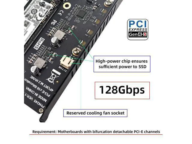 Alt view image 3 of 7 - 4 Port M.2 NVME to PCle 5.0/4.0/3.0 X16 Adapter, NVME/AHCI SSD to PCIe Expansion Card Support 2230/2242/2260/2280MM