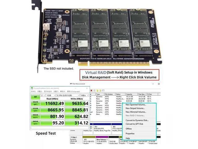 Alt view image 6 of 7 - 4 Port M.2 NVME to PCle 5.0/4.0/3.0 X16 Adapter, NVME/AHCI SSD to PCIe Expansion Card Support 2230/2242/2260/2280MM