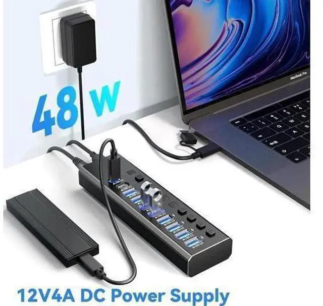 Main image of Powered USB Hub, 10-Port USB 3.2/USB C Hub with 10Gbps USB-A 3.2, 2 USB-C 3.2, 7 USB 3.0 Ports, Individual Switches and 12V Power Adapter, Aluminum USB Port Expander for Laptop/PC, KZW-U10