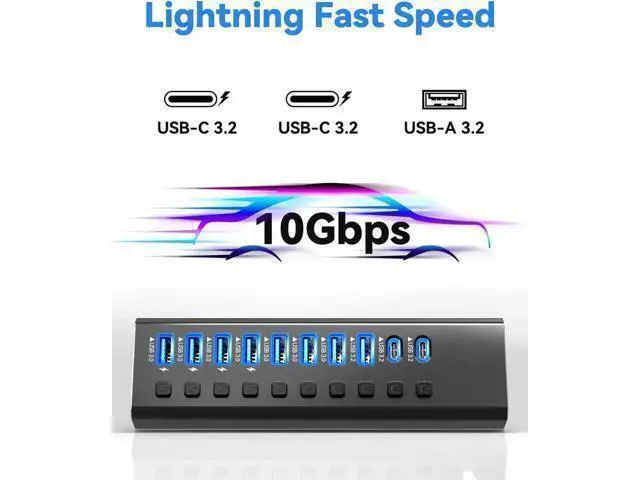 Alt view image 6 of 7 - Powered USB Hub, 10-Port USB 3.2/USB C Hub with 10Gbps USB-A 3.2, 2 USB-C 3.2, 7 USB 3.0 Ports, Individual Switches and 12V Power Adapter, Aluminum USB Port Expander for Laptop/PC, KZW-U10