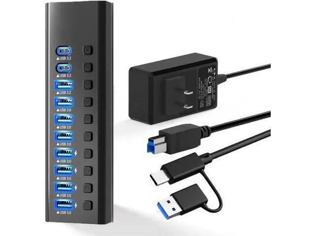 Alt view image 7 of 7 - Powered USB Hub, 10-Port USB 3.2/USB C Hub with 10Gbps USB-A 3.2, 2 USB-C 3.2, 7 USB 3.0 Ports, Individual Switches and 12V Power Adapter, Aluminum USB Port Expander for Laptop/PC, KZW-U10