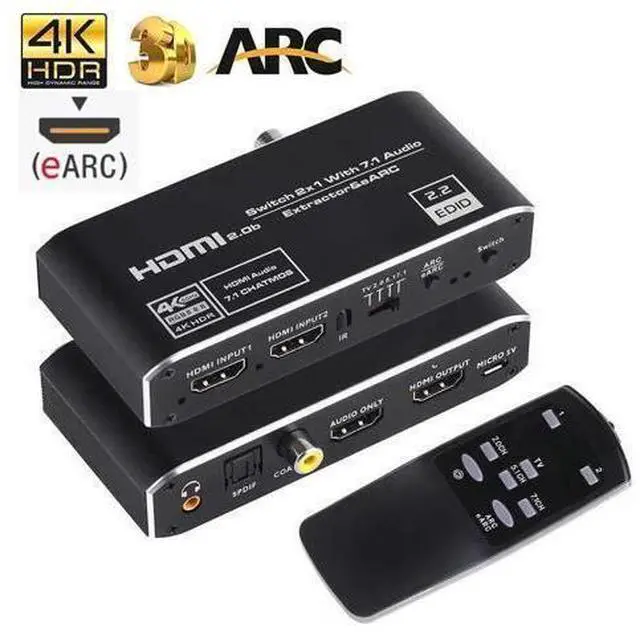 Main image of HDMI Switch 2x1 with Audio Extractor, 4K@60Hz HDMI Switcher 2in1 Out Switch Box Hub with 3.5mm Audio Jack + Coaxial+Optical Toslink SPDIF Compatible with Apple TV PS5 PS4 Xbox Fire Stick