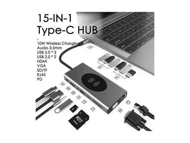 Main image of USB C Docking Station Adapter, 15 in 1 Dual Display Multiport Dongle, Type C Hub with Wireless Charging,VGA,Gigablit, HDMI, 87W PD, 5 USB,3.5mm Audio and SD/TF Card Reader for