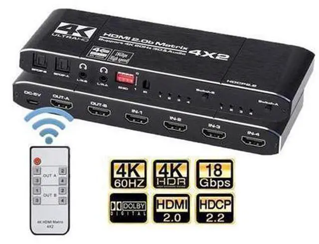 Main image of 4x2 HDMI Matrix, 4K@60Hz 4 in 2 Out HDMI Switch Splitter with IR Remote, HDMI Matrix Switch + Coaxial + Optical + 3.5mm Audio Output, Support HDMI2.0, HDCP2.2, EDID, 3D, Audio Extractor