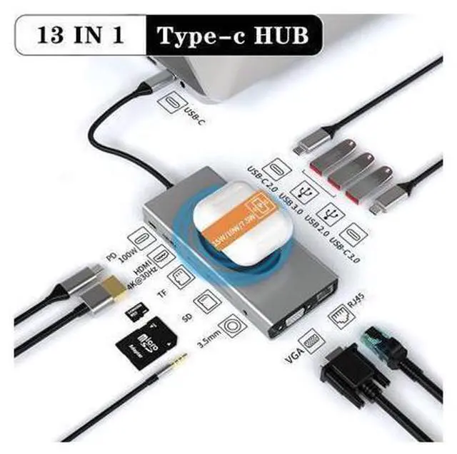 Main image of USB Type C HUB with to VGA HDMI, RJ45 Ethernet, USB3.0 Ports,USB-C Data Port, SD/TF,Wireless Charging Multiport Adapter Docking Station Dongle for MacBook Air Pro and More