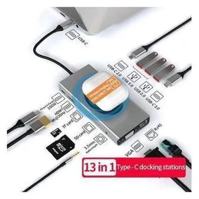 Main image of 13 IN 1 Laptop Docking Station, with 4K HDMI, VGA, RJ45 Ethernet, USB3.0,USB-C Data Port, SD/TF Card Reader,Audio Port,Wireless Charging Compatible with MacBook/Surface