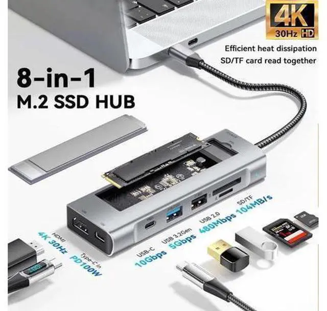 Main image of XJYLCPC USB-C Hub with M.2 NVMe SSD Enclosure 8-in-1 Docking Station Hybrid Type-C Multiport Adapter Fits 10 Gbps USB 3.1/USB-A 3.2 100W PD 4K HDMI USB-A SD/TF Card Readers for Windows Mac OS