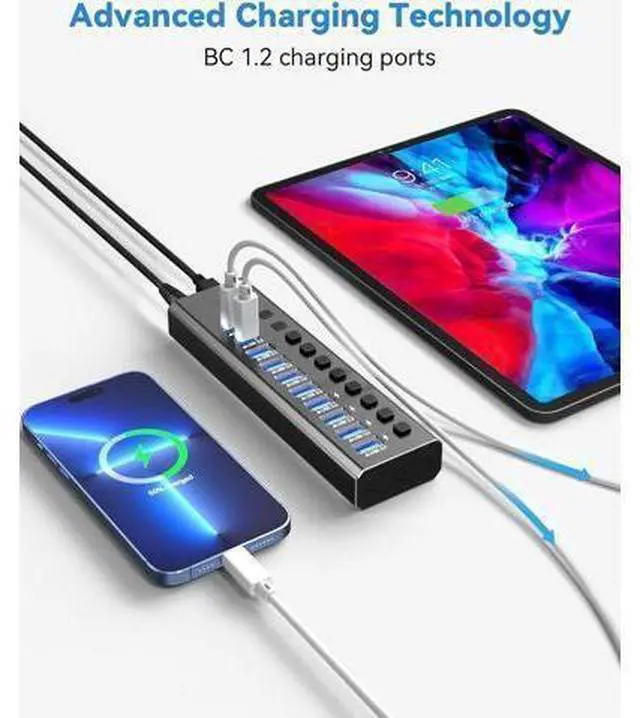 Main image of Powered USB Hub, 10-Port Hybrid USB 3.2/ USB C Hub with 48W Power Adapter, Aluminum USB Splitter Including 10Gbps USB-A 3.2 Ports, 2 USB-C 3.0 Ports and 7 USB 3.0 Ports for PC,Laptop and More
