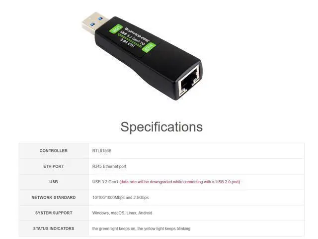 Alt view image 6 of 7 - USB to 2.5G Ethernet Converter Module for Raspberry Pi 5/Jetson Nano/PC/Laptop/Windows/Linux/Android, USB 3.2 Gen1 to 2.5G USB ETH Adapter Module Driver-Free Plug & Play, 10/100/1000Mbps /2.5Gbps