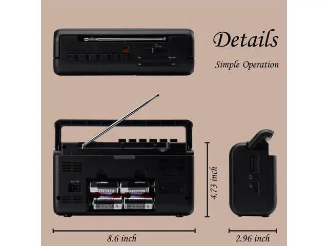 Alt view image 7 of 7 - Portable Cassette Player Boombox AM/FM Radio Stereo, Casette Tape Player Recorder with Earphone Jack Battery Operated or AC Powered