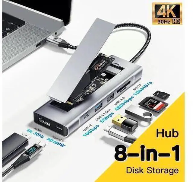 Main image of 8 in 1 USB C Docking Station with M.2 NVMe/SATA SSD Enclosure, 4K HDMI, 10Gbps USB C, 100W PD-A, 10Gbps USB 3.2,USB-A, SD/TF Card Reader for Laptop, MacBook Pro/Air/Mac/Universal Hub