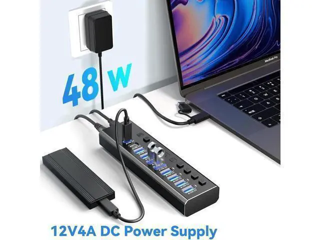 Alt view image 3 of 7 - 48W Powered USB Hub, 10-Port 90W USB 3.0 Splitter (10 USB 3.0 Ports+1 USB-A 3.2 Ports+2 USB-C 3.0 Ports), Individual On/Off Switches, 12V Power Adapter for Laptop, PC