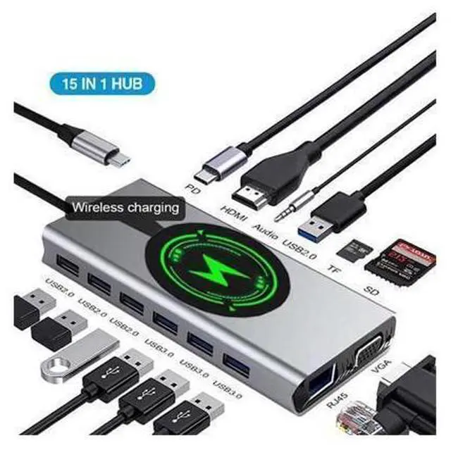 Main image of USB C Hub Multiport Adapter, 15-IN-1 USB-C Hub with 4K HDMI,Gigabit,7 USB Port,87W PD, SD/TF Card Reader ,3.5mm Audio Mac,Wireless Charging Dongle Adapter for MacBook Pro Air, iPad Pro