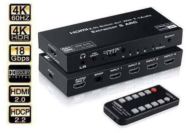 Main image of HDMI Switch 4x1 with Audio Extractor, 4K@60Hz Ultra HD HDMI Switcher with Optical TOSLINK SPDIF, 3.5mm Audio Support ARC Function, HDCP 2.2, RGB 8:8:8(7.1CH Dolby atmos),EDID,HDR 1