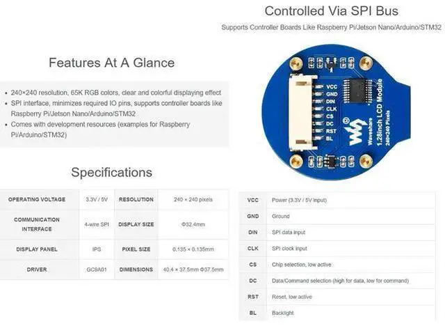 Alt view image 7 of 7 - 1.28inch Round LCD IPS Module 240x240 Resolution 65K RGB Colors SPI Interface for Arduino/Raspberry Pi/Jetson Nano/STM32