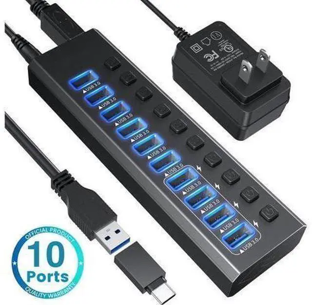 Main image of USB-A Hub, 10 Ports Super High Speed USB 3.0 Hub Splitter with 4*USB 3.0 Smart Charging, Black Smart Fast Charger Powered USB Hub for Laptop, Mac, PC, Mobile HDD, Mulitple Devices