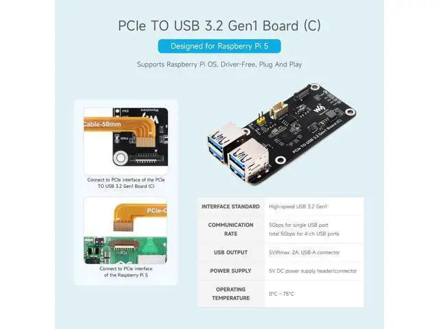 Alt view image 3 of 7 - PCIe to 4-Ch USB3.2 Gen1 Board (C), Compatible with Raspberry Pi 5, Up to 5Gbps Transmission Speed, No Driver Required, Plug and Play